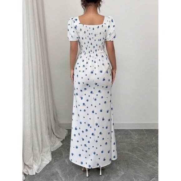 New Women Sweetheart Collar Short Sleeve All-Over Print Casual Long Dress - Picture 2 of 6